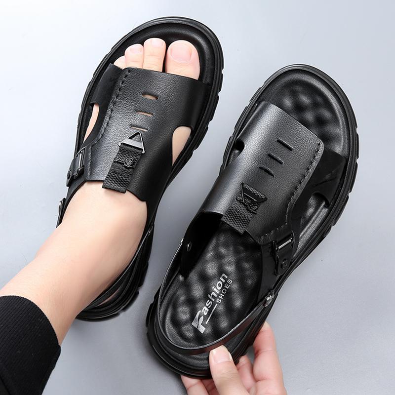 Summer Men's High-quality Top Layer Cowhide Casual Beach Sandals Classic Men's Breathable and Anti Slip Latex Padded Beach Shoes
