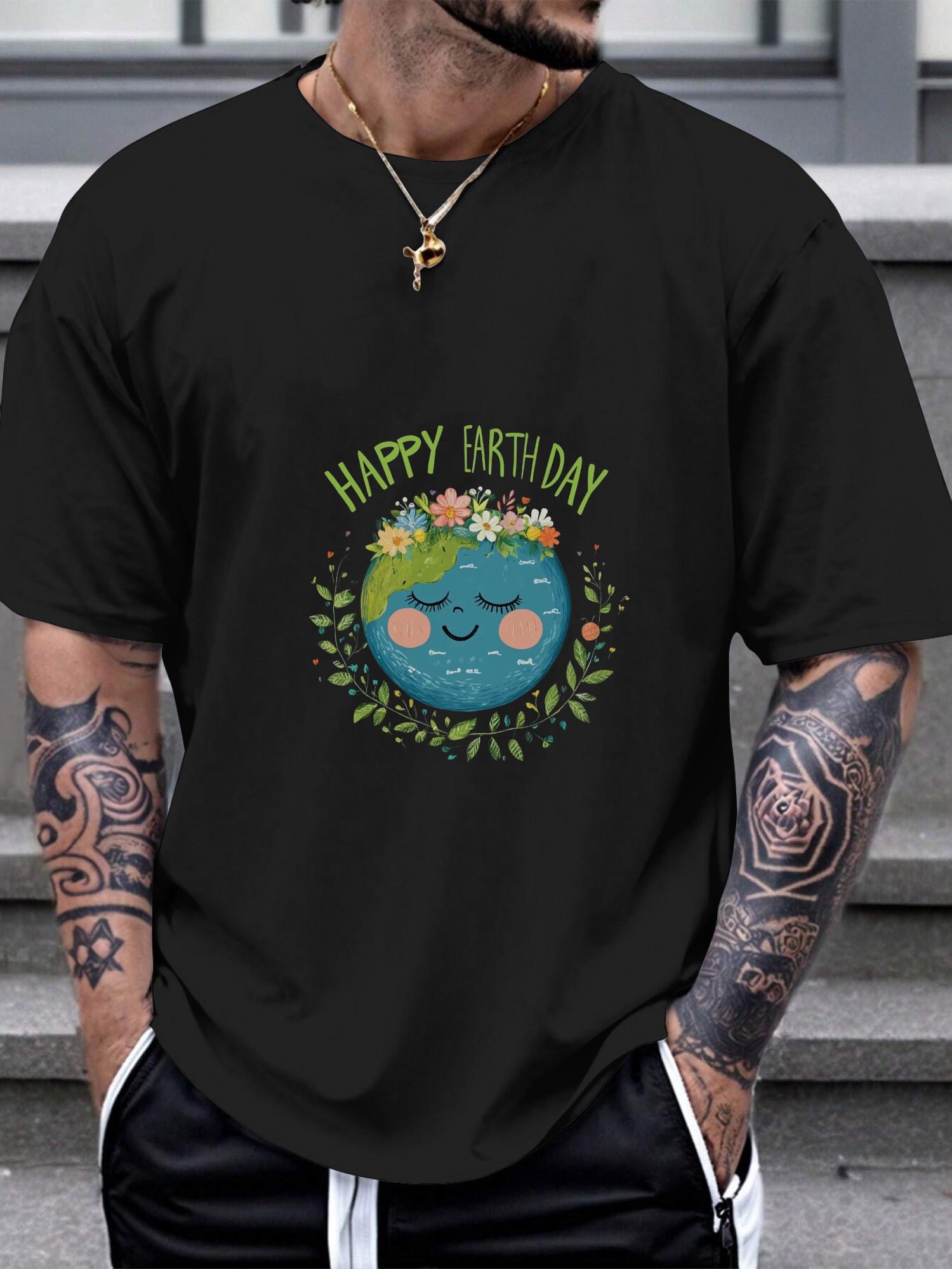 1pc Happy Earth Day Graphic T-shirt - 180g Cotton Crew Neck Short Sleeve Tee with Floral Earth Design XXXL