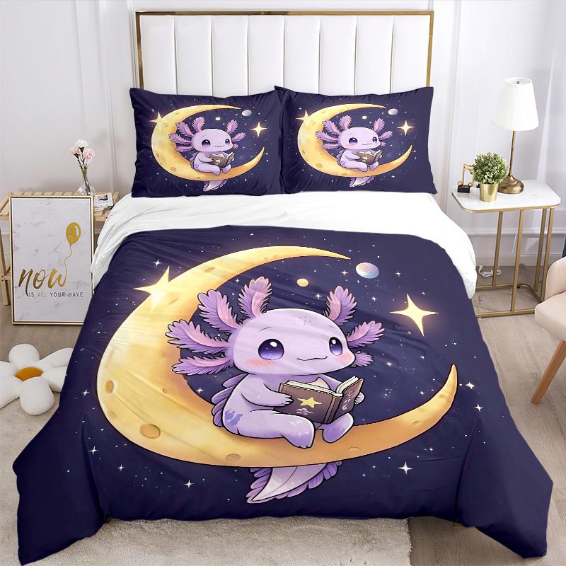 3pcs Cute Cartoon Purple Axolotl Printed Quilt Set - Soft and Comfortable Quilt Cover for Bedroom, Guest Room and Dormitory Decorative Beddi