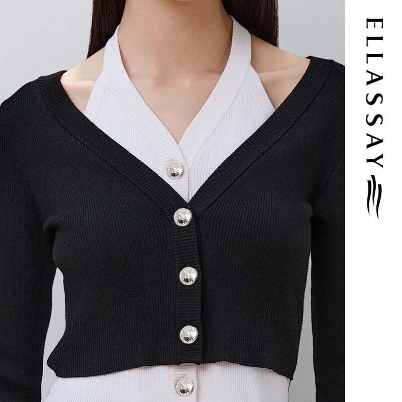 ELLASSAY Women's Contrast Halter V-Neck Knit Sweater