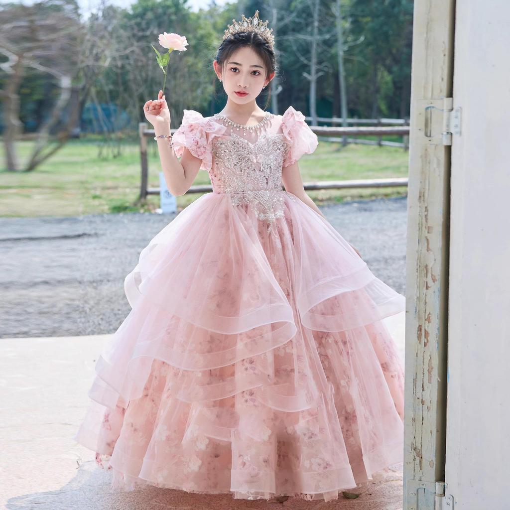 Pink Mori Style Luxury Tulle Princess Dress for Children's Birthday & Piano Performance