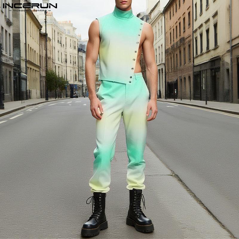 INCERUN 2PCS Men Sleeveless One Shoulder Gradient Tank Tops and Long Harem Pants Outfits Sets