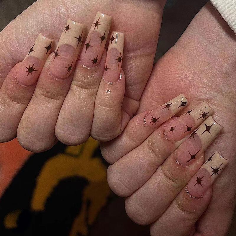 24Pcs Marble Gradient Gold Foil Long Coffin False Nails Full Cover Detachable Press On Nail Tips