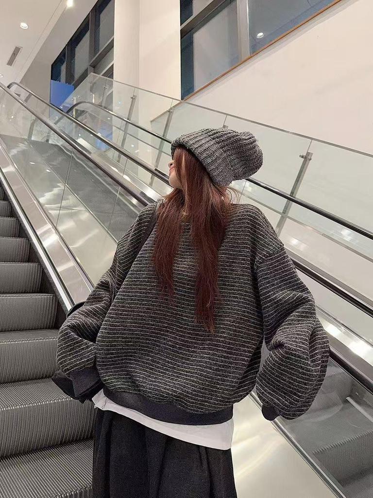 Women's 2025 Autumn Retro Striped Crew Neck Sweatshirt – Korean Style Loose Fit Trend