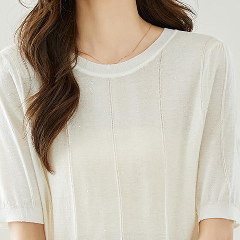 Srcr Women's Wool Blend Thin Knit Round Neck Mid-Sleeve Top