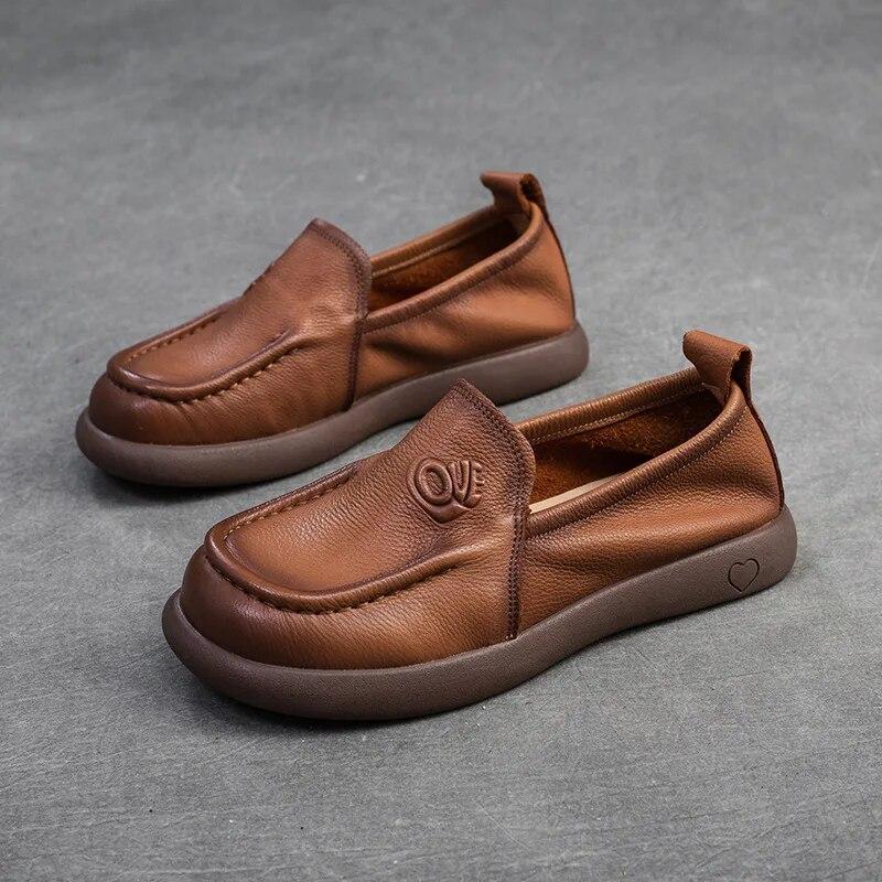 Retro Versatile Women's Shoes Genuine Leather Loafers Round Toe Soft Sole Casual Slip-on Flat Shoes