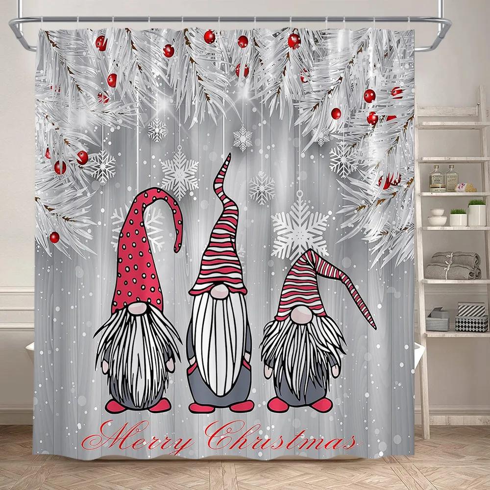 Red Christmas Shower Curtain Set Funny Santa Claus Gift Green Pine Branches Xmas Balls Home Bathroom Decor Bath Mat Toilet Cover