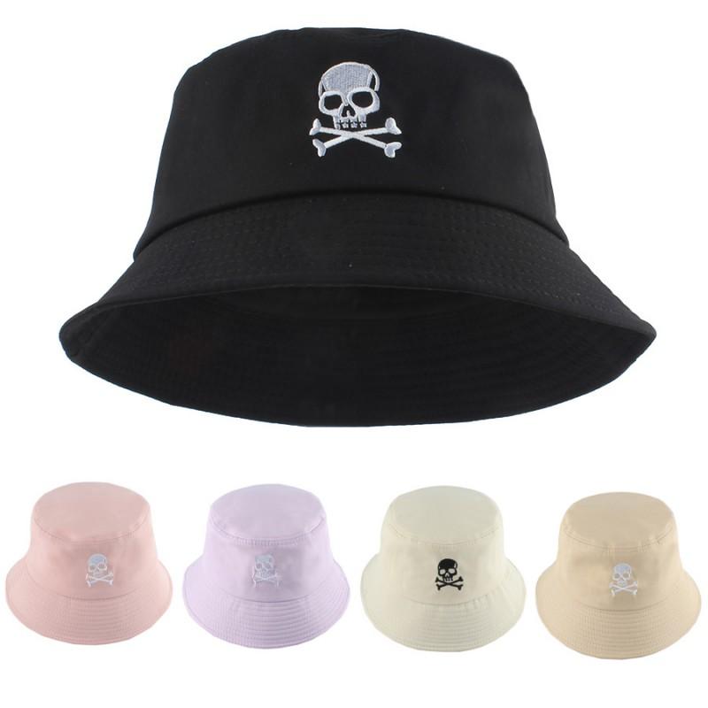 Unisex Skull Embroidery Bucket Hat Cotton Blend Wide Brim Streetwear Cap Winter