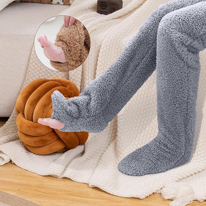 Socken über dem Knie, flauschige Plüsch-Slipper-Strümpfe, pelzige lange Beinwärmer, Winterschlafen zu Hause