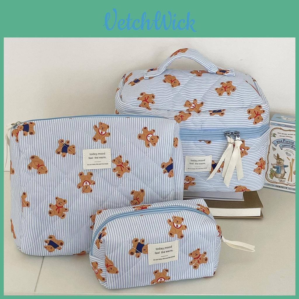 Blue Striped Bear Cosmetic Bag With Quilted Storage For Daily Use And Travel