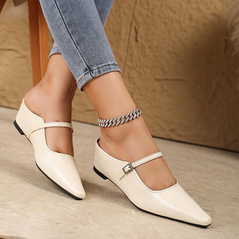 Pointed Single Shoes Women's New Shallow Mouth Soft Sole Low Heel One-word Buckle Bag Head Inner Height Increase Mary Jane Shoes