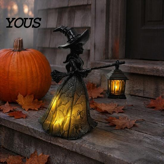 Retro Halloween Party Supplies Witch Holding Lantern Light, with Spider Web Pattern Decor, Glowing Secret Room Atmosphere Gothic Style Resin
