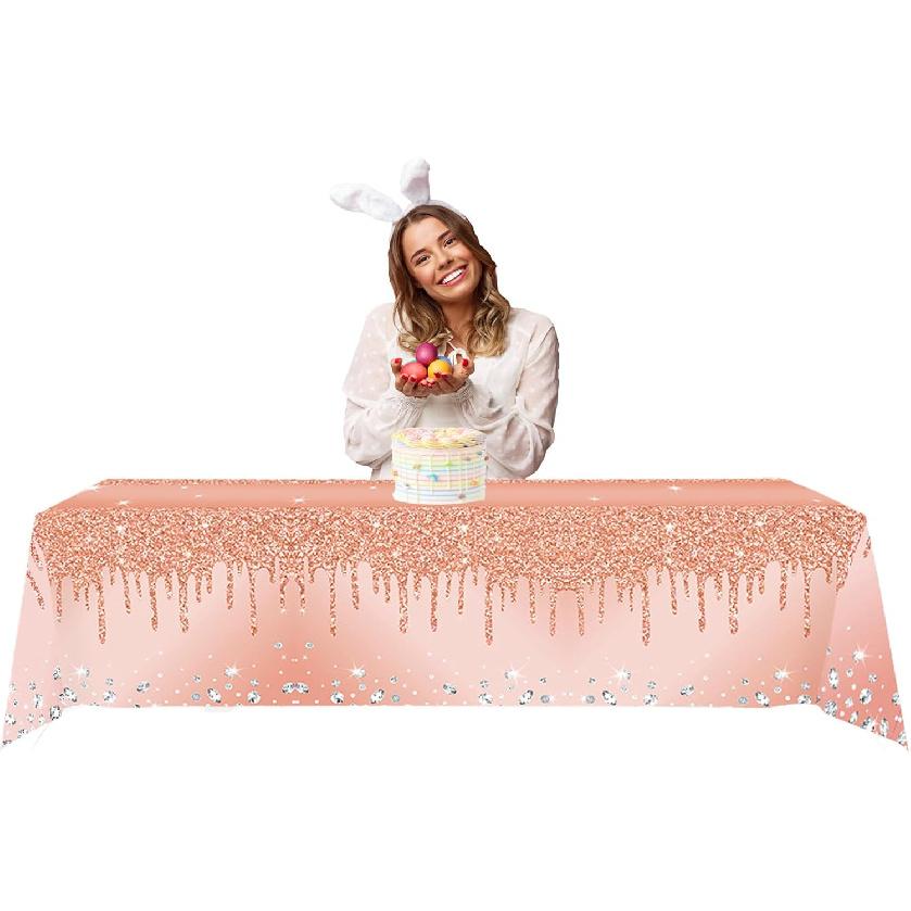 2Pcs Pink Rose Golden Birthday Party Tablecloths Rose Gold Sequin Plastic Table Cover, Pink Rose Gold Birthday Party Supplies Decorations for Girls