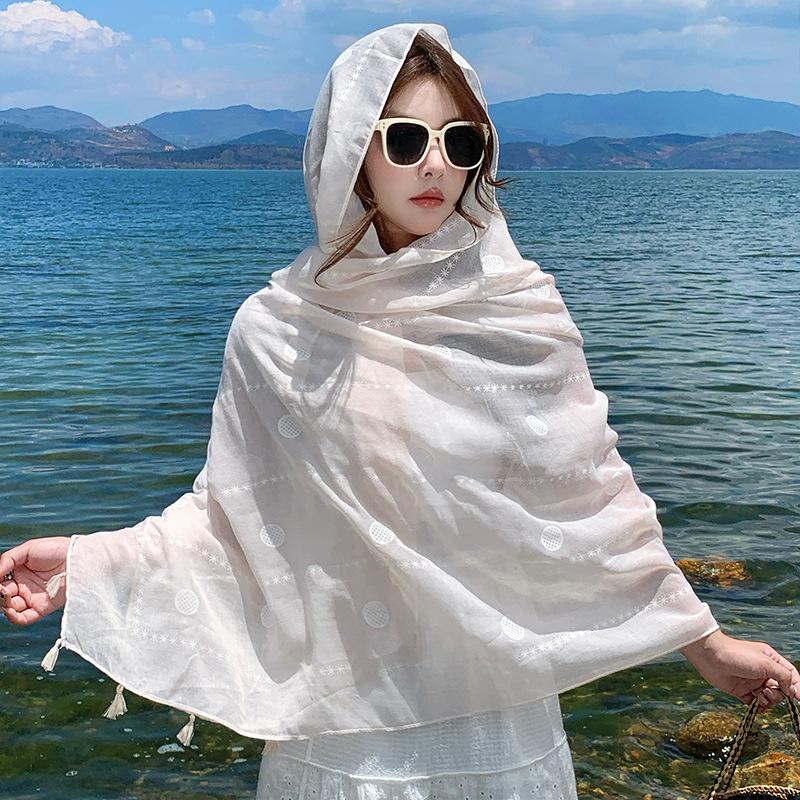 Chinese Ethnic Style White Embroidered Cotton and Linen Scarf Female Literary Spring and Autumn Winter Middle-aged Mother Silk Scarf Shawl Dual-purpos