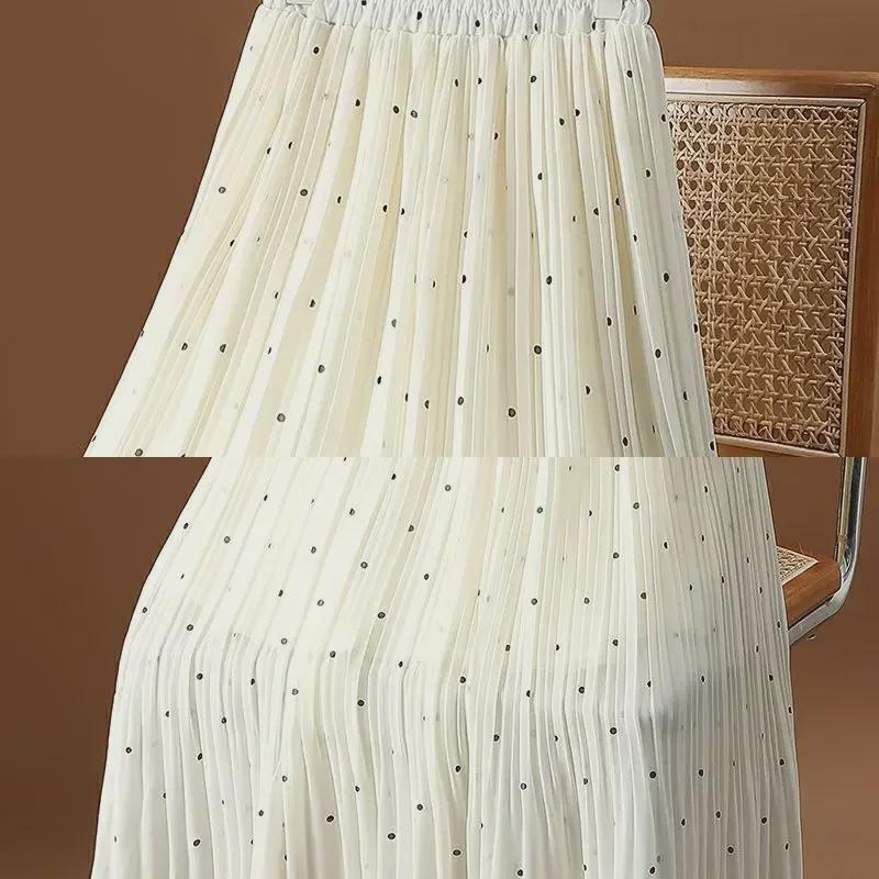 2025 Spring/Summer Women's High Waist Polka Dot Pleated A-Line Chiffon Midi Skirt