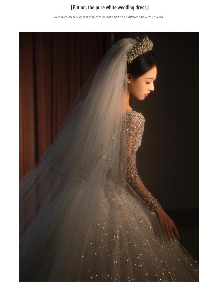 2025 Vintage French Long Sleeve Wedding Dress with Heavy Train and High-End Texture
