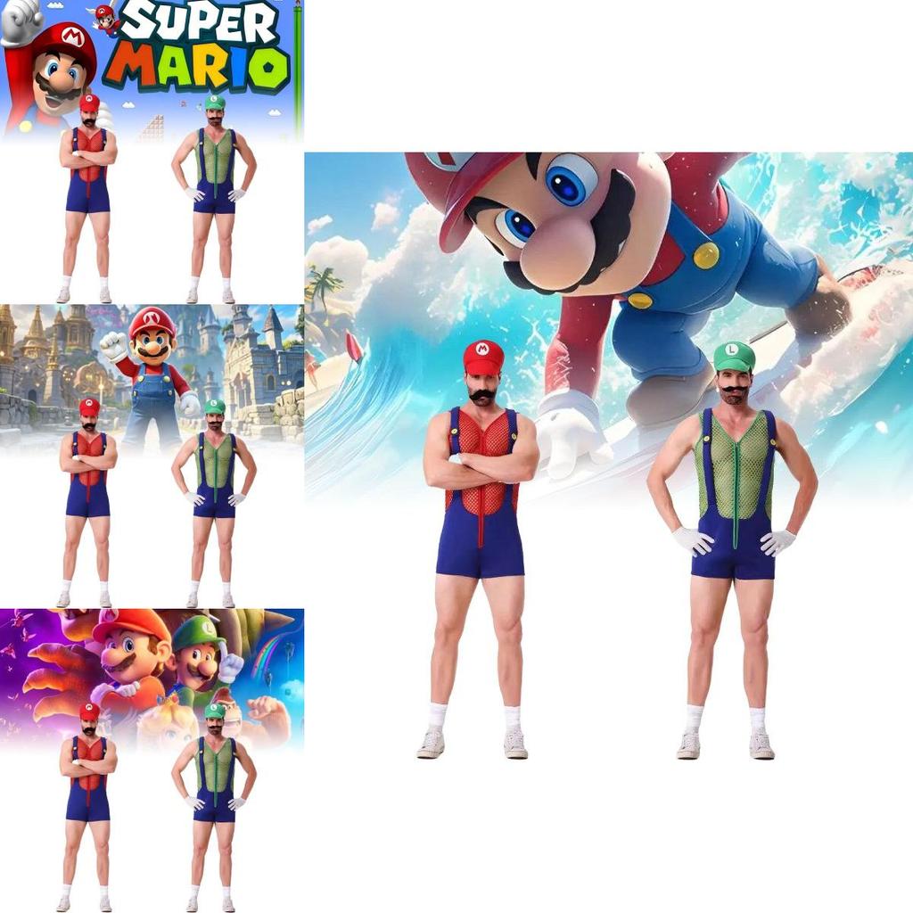 Unique Mario Cosplay Costume Set With Hat Gloves Mustache And Suspenders For Adults