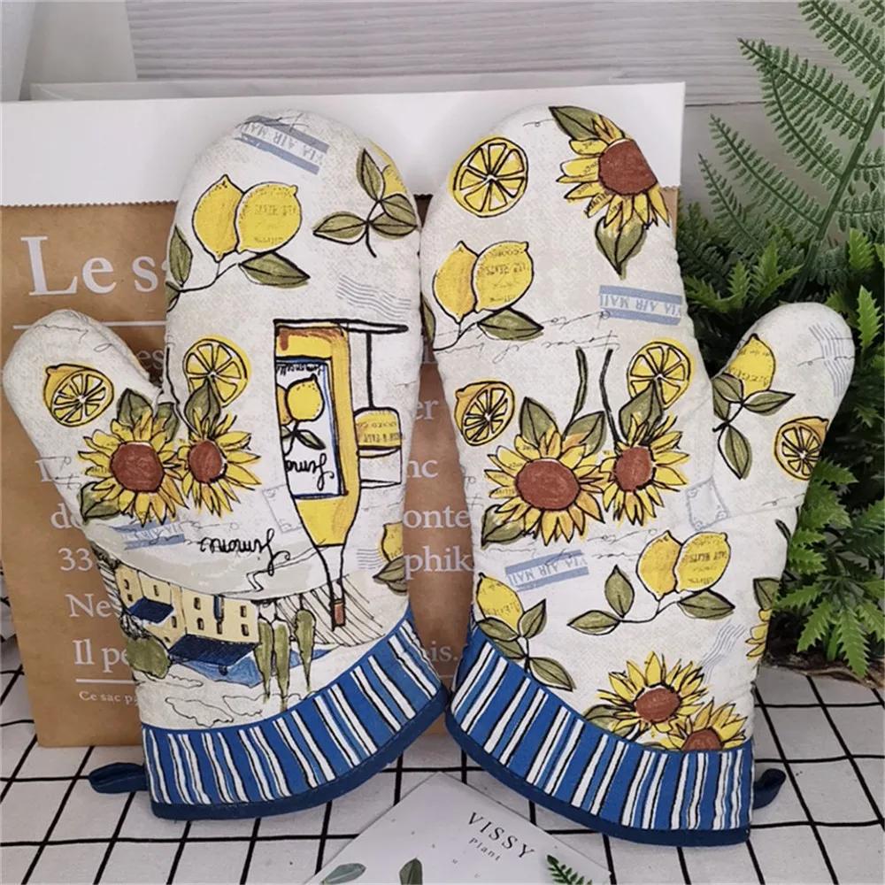 1Pc 18x33cm Cotton Vintage Printed Large Baking Glove Microwave Oven Mitts Insulation Kitchen Tool Party Gift