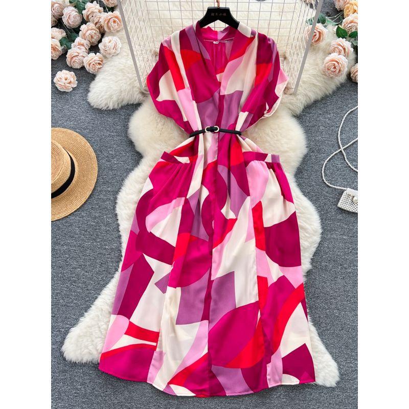 Mild Luxury Retro Summer Shoelace Waist Trimming Printing Dress
