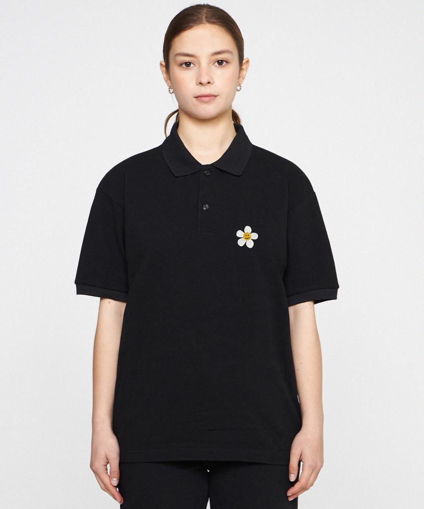 Graver [Unisex] Flower Embroidered Pique Short Sleeve T-Shirt_Black