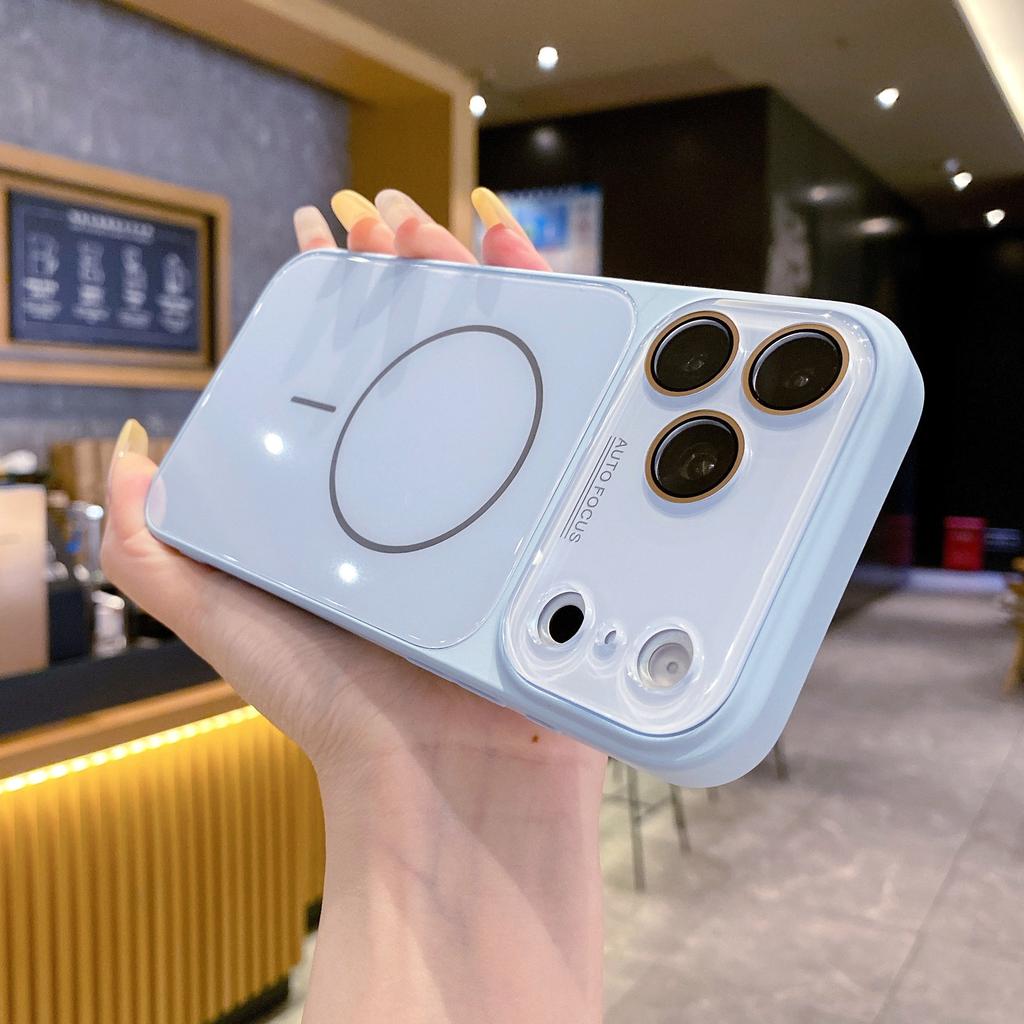 Large Window Candy Color for Apple 17ProMax Glass Phone Case Apple 16 Magnetic Lens Film Protective Case