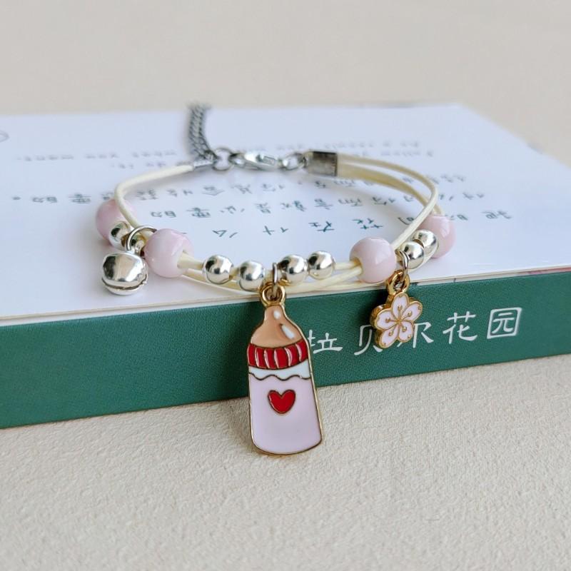 New Simple Cute Cartoon Bunny Bracelet for Women Sweet Pink Series Pendant Hand-Wowen Bracelets Bangles Couple Friends Gift