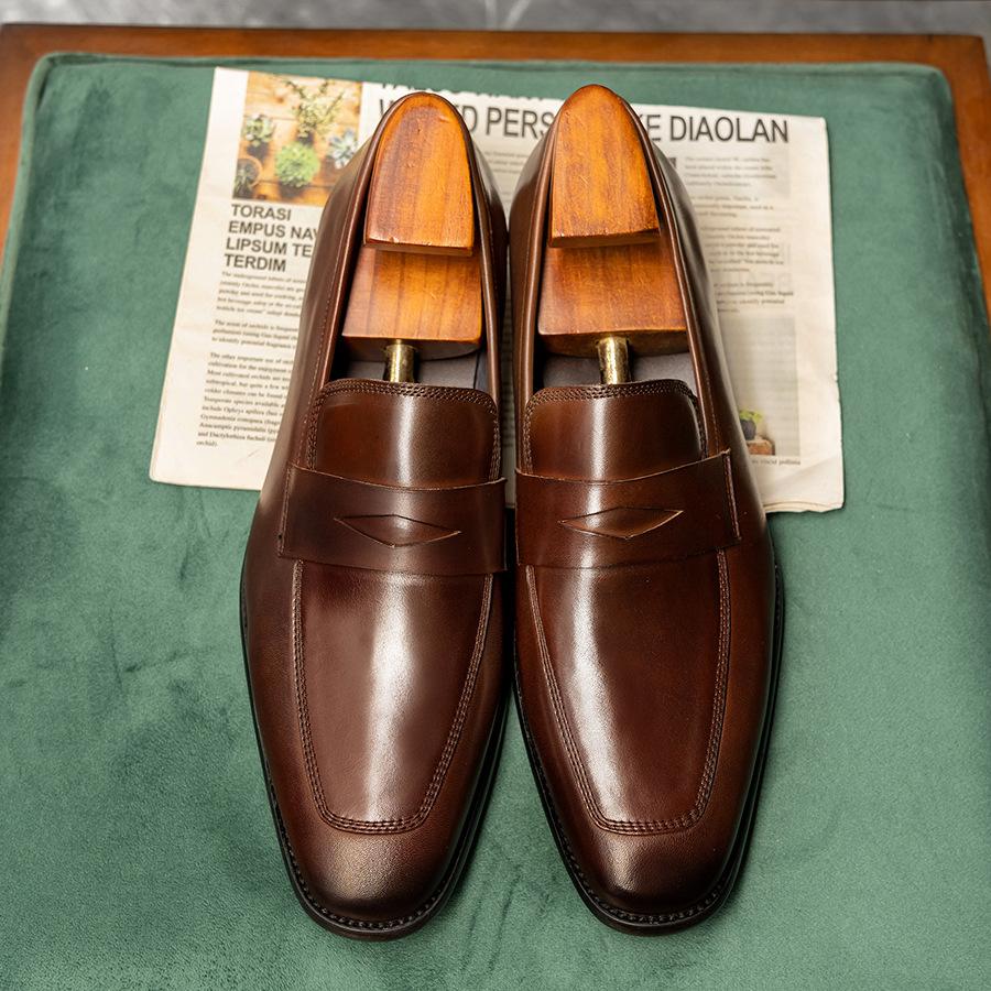 Penny Loafers Square Head Leather Shoes Men's Business Casual Cowhide Men's Shoes One Pedal