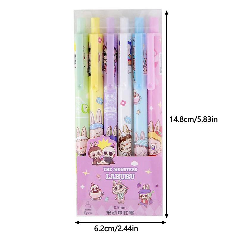 6Pcs/Box Cartoon Cute Labubu Gel Pens 0.5Mm Black Smooth Quick Dry Press Neutral Pens Students Office Stationery Birthday Gifts