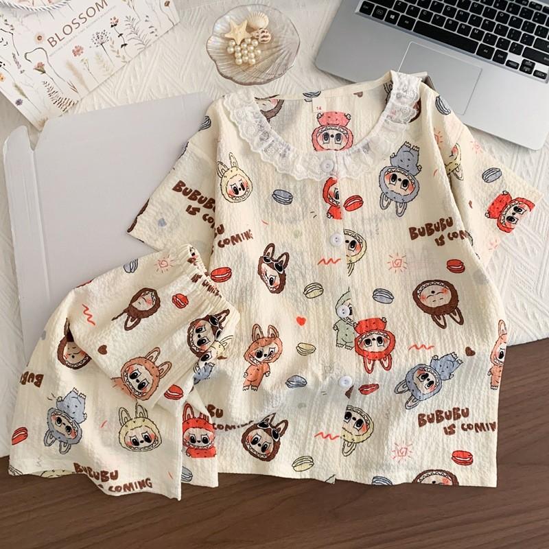 Crayon Shin Chan Hachiware Labubu Kinder-Schlafanzug-Set Aus Blasenbaumwollstoff Für Sommerlichen Komfort