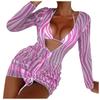 Women's Sexy Hanging Neck Ties Three Sets Of Pleated Cover-Up Long-Sleeved Swimsuit