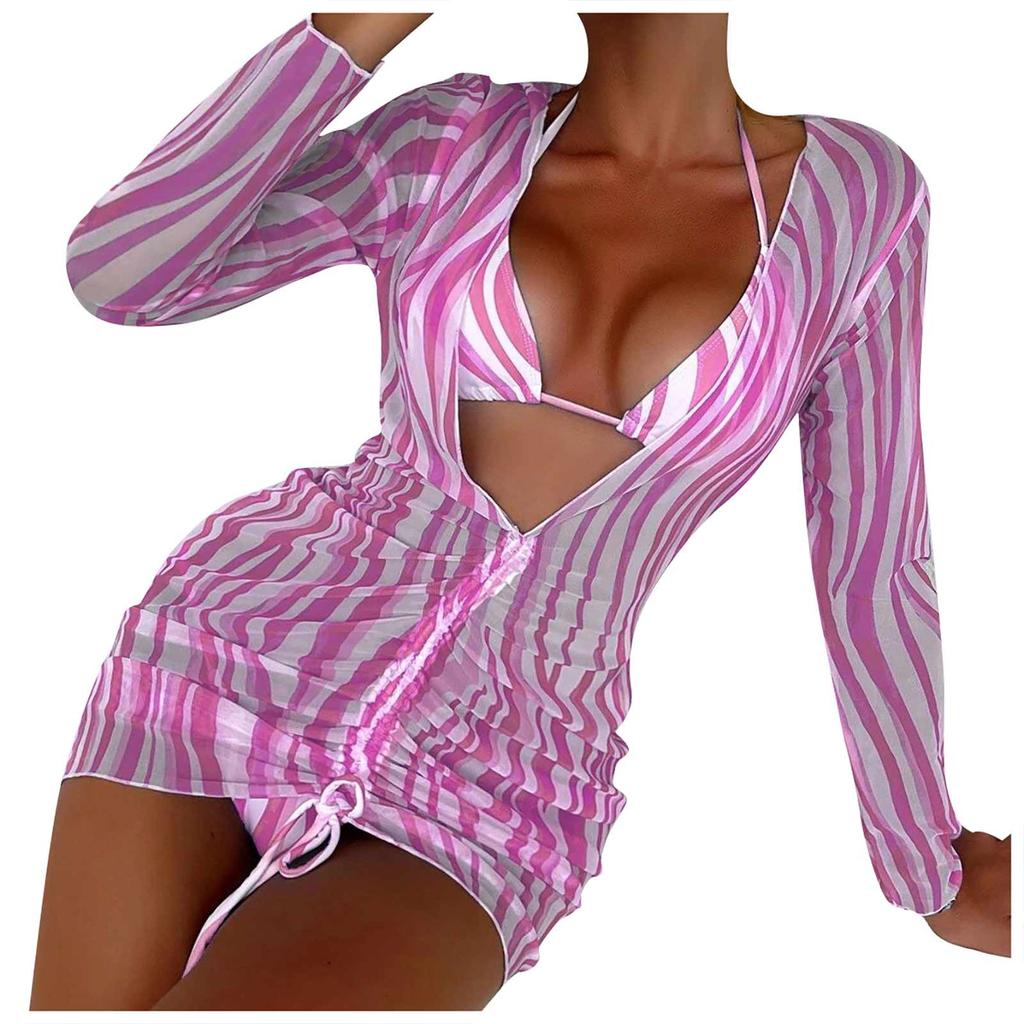 Women's Sexy Hanging Neck Ties Three Sets Of Pleated Cover-Up Long-Sleeved Swimsuit