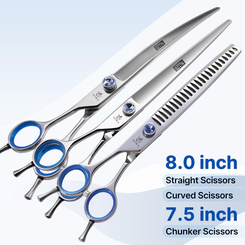 Fenice Professional 7.0/7.5/8 Inch JP440C Steel Left Hand Shears Blue Diamond Double Tail Nail Scissors Set for Pet Dog Grooming