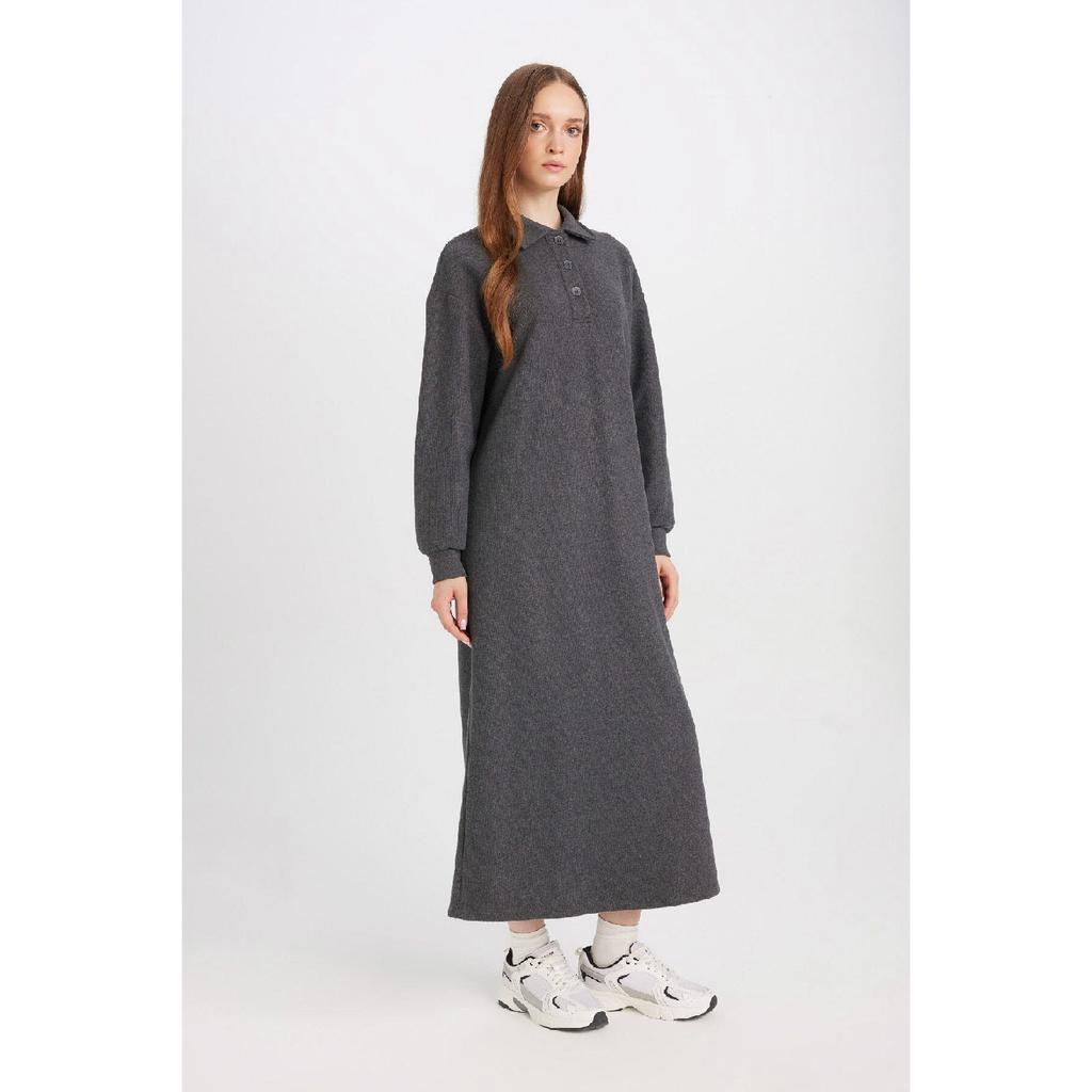 Regular Fit Buttoned Shirt Collar Basic Plain Long Sleeve Selanik Fabric Knitwear Dress B7260ax24wn