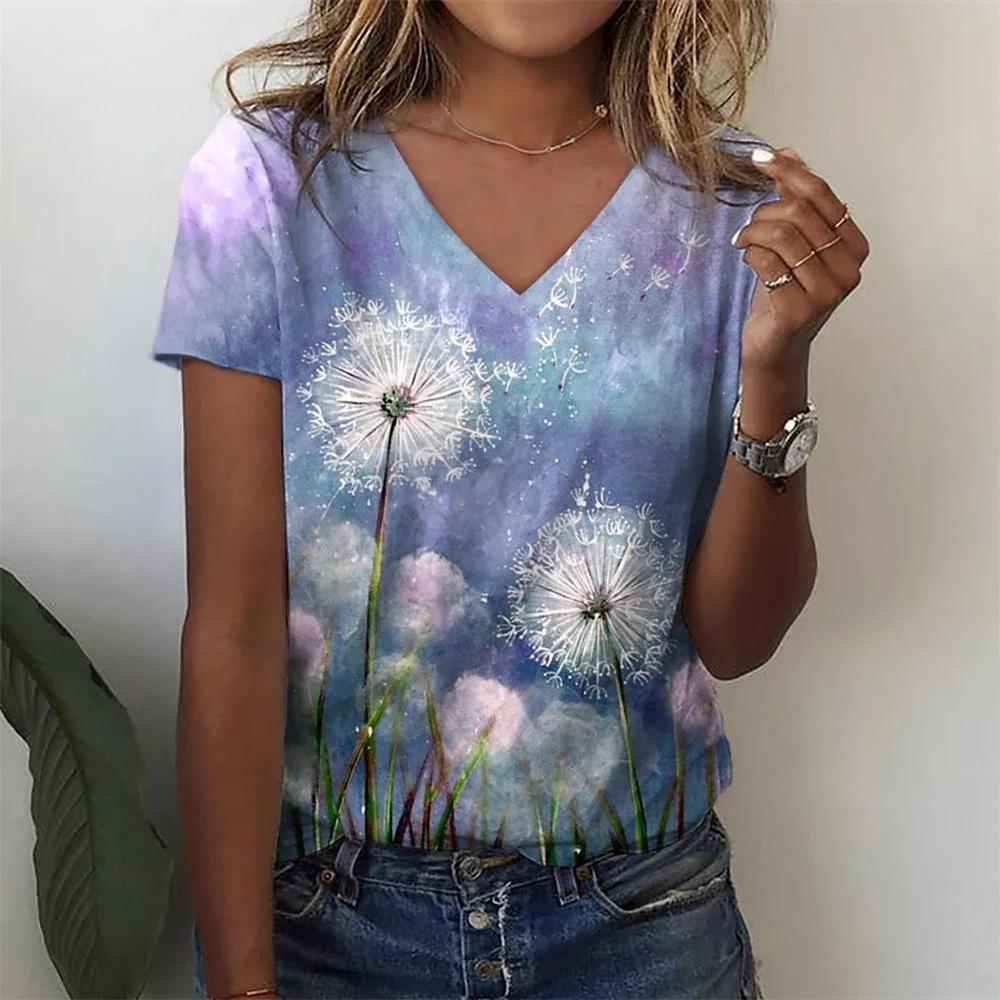 Fashion Floral Pattern 3D Digital Printing Women's Comfortable V-neck Short Sleeved T-shirt