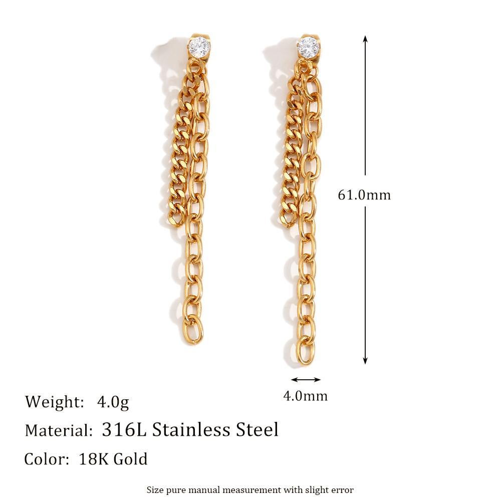 

MamacitaSlay Minimalist Round Zircon Two Chain Tassel Earrings Daily Waterproof Titanium Stainless steel jewelry woman золотий