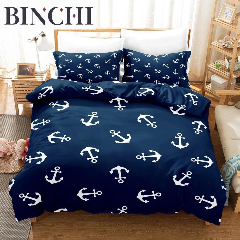 Nautical Bedding Set Ocean Anchor Duvet Cover Sailor Pirate Sea Adventure Bedspread For Kids Boys Navy Blue