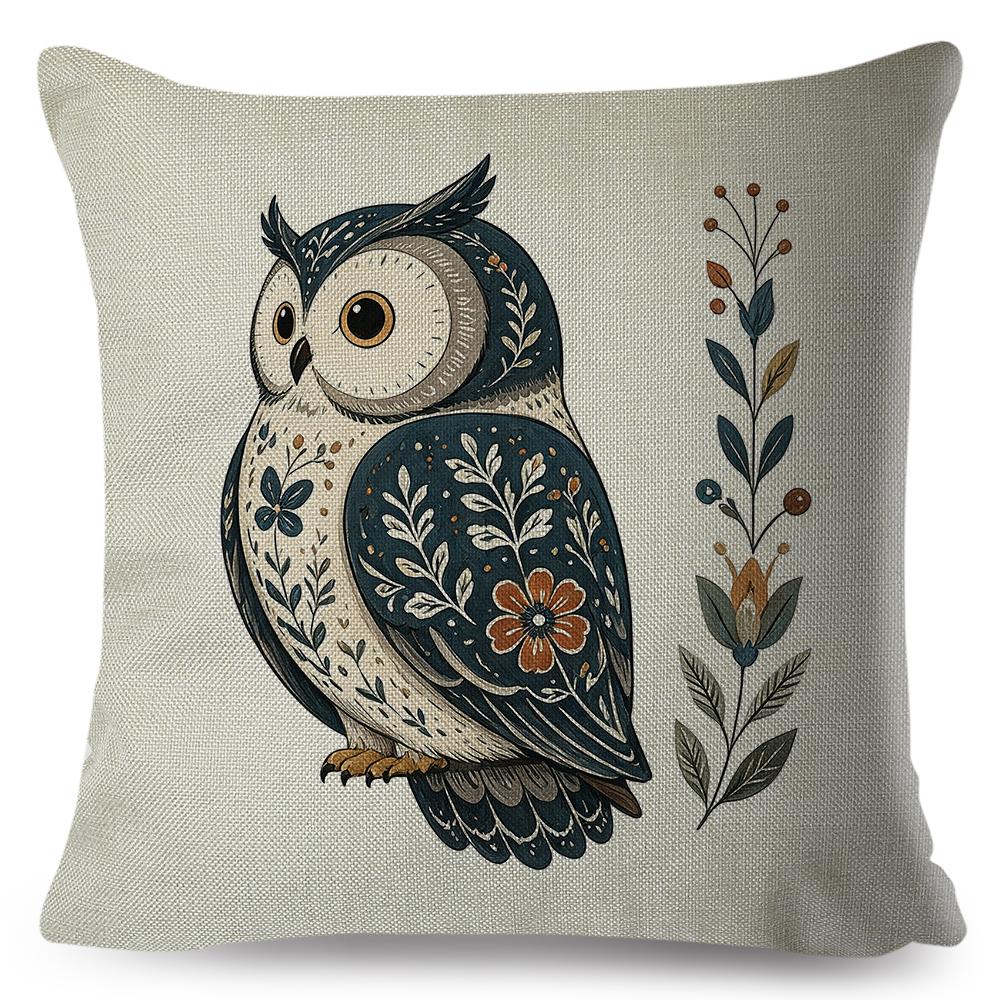 Retro Folk Art Print Throw Pillow Botanical Owl Pattern Cushion Indoor Room Ornament Countryside Souvenir Pillow Cover