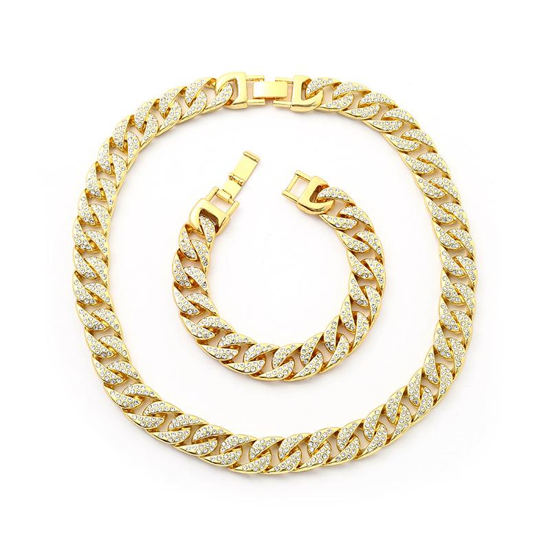 European and American Hip Hop Hipster Cuban Diamond Bracelet, 14mm Fat Chain Men and Women Hiphop Gold-plated Necklace