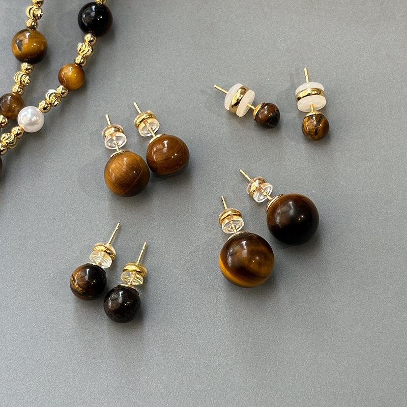Retro natural tiger's eye stone stud earrings women's new earrings sterling silver needle earrings