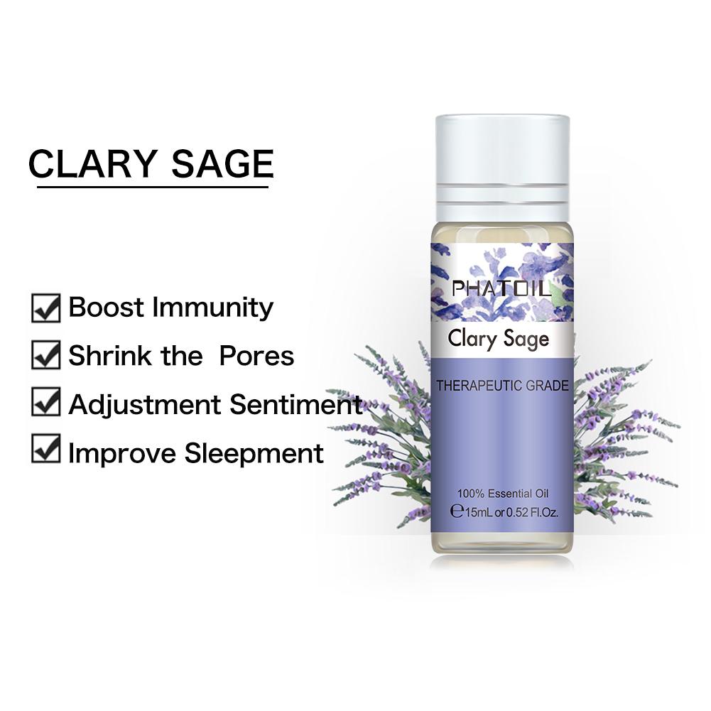 PHATOIL 5ml/10ml/15ml/30ml/100ml Clary Sage Pure Essential Oil for Spa Massage Skin Care Boost Immunity Improve Sleepment Humidifier