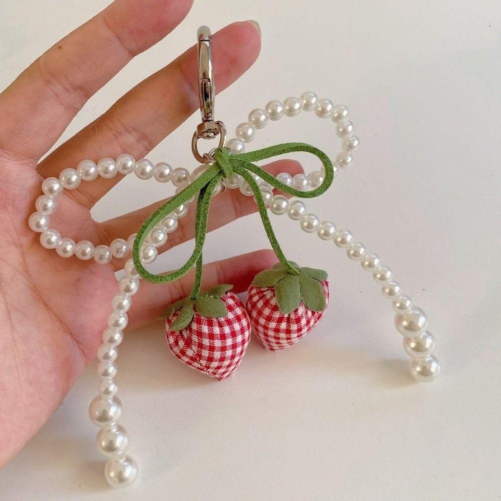 DIY Strawberry Bow Keychain Pearl Bowknot Mobile Phone Pendant  Women Bag Charm