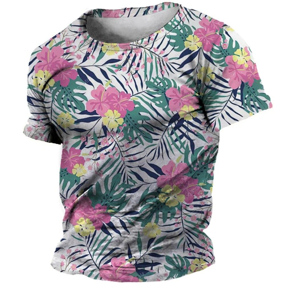 Tricou casual pentru bărbați la modă Hawaii, unisex, cu model de flori de plante, tricouri imprimate, la tendință, pentru timpul liber, cu gât rotund, cu mânecă scurtă