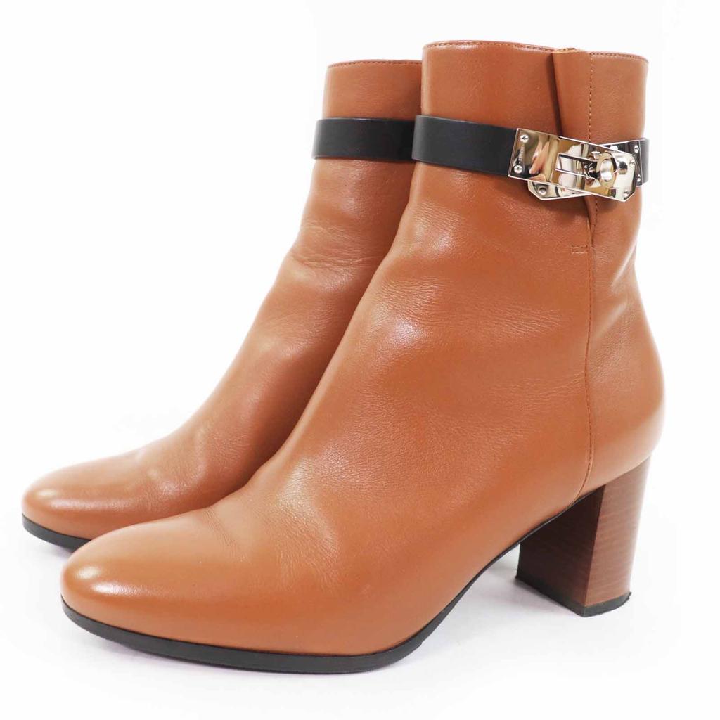 Great HERMES Short Boots Saint Germain Kelly Metal Brown Black Leather 35.5 Used