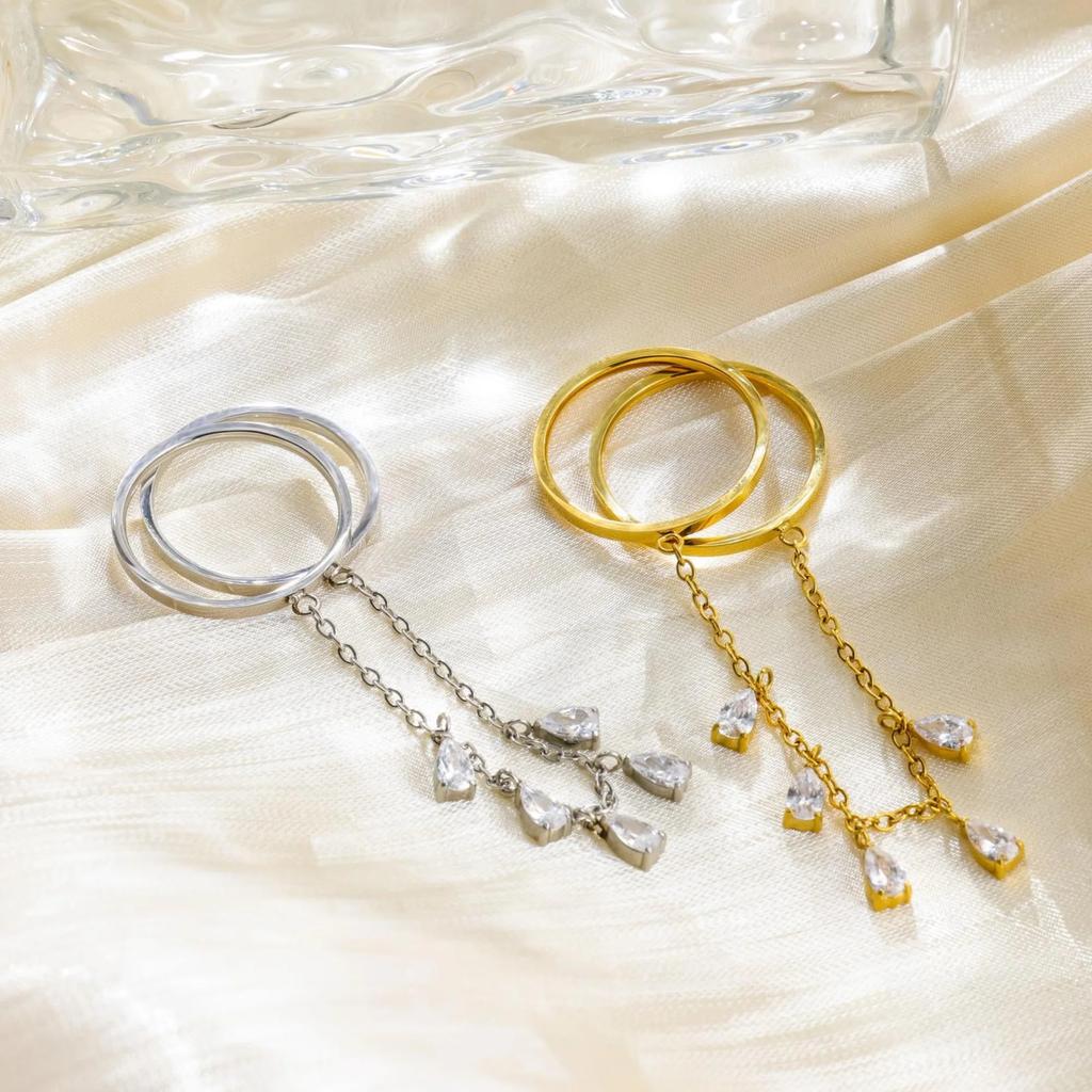 Stainless Steel 18K Gold-Plated Double Hoop Teardrop Zircon Tassel Pendant Rings for Women Boho Tarnish Free Waterproof Jewelry