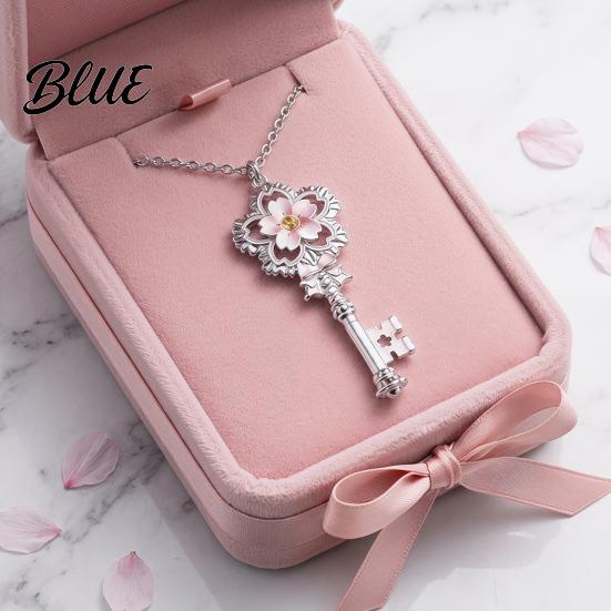 Key Pendant Necklace Cherry Blossom Pink Enamel Alloy Choker Romantic
