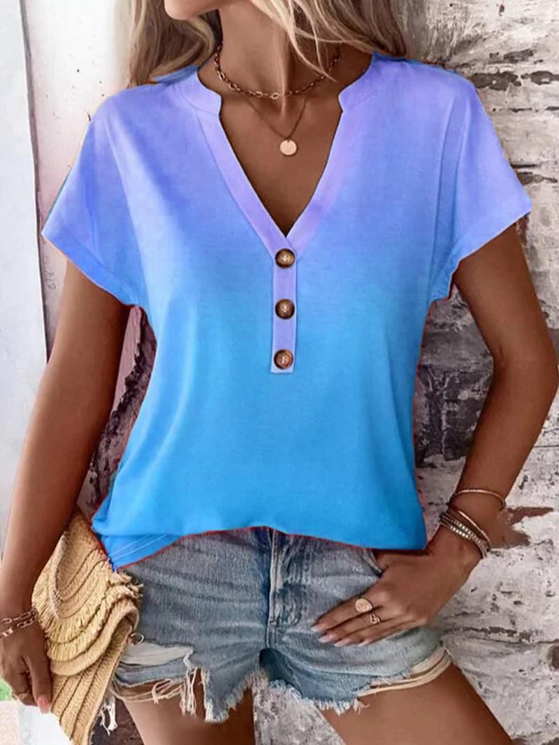 

Летние женские модные топы, рубашки с V-образным вырезом на пуговицах и короткими рукавами, повседневная свободная футболка тай-дай, женская туника больших размеров S синий
