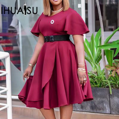 Rochie de vară cu centură pentru femei, cu mâneci evazate, culoare uni, cu decolteu în V, cu talie înaltă