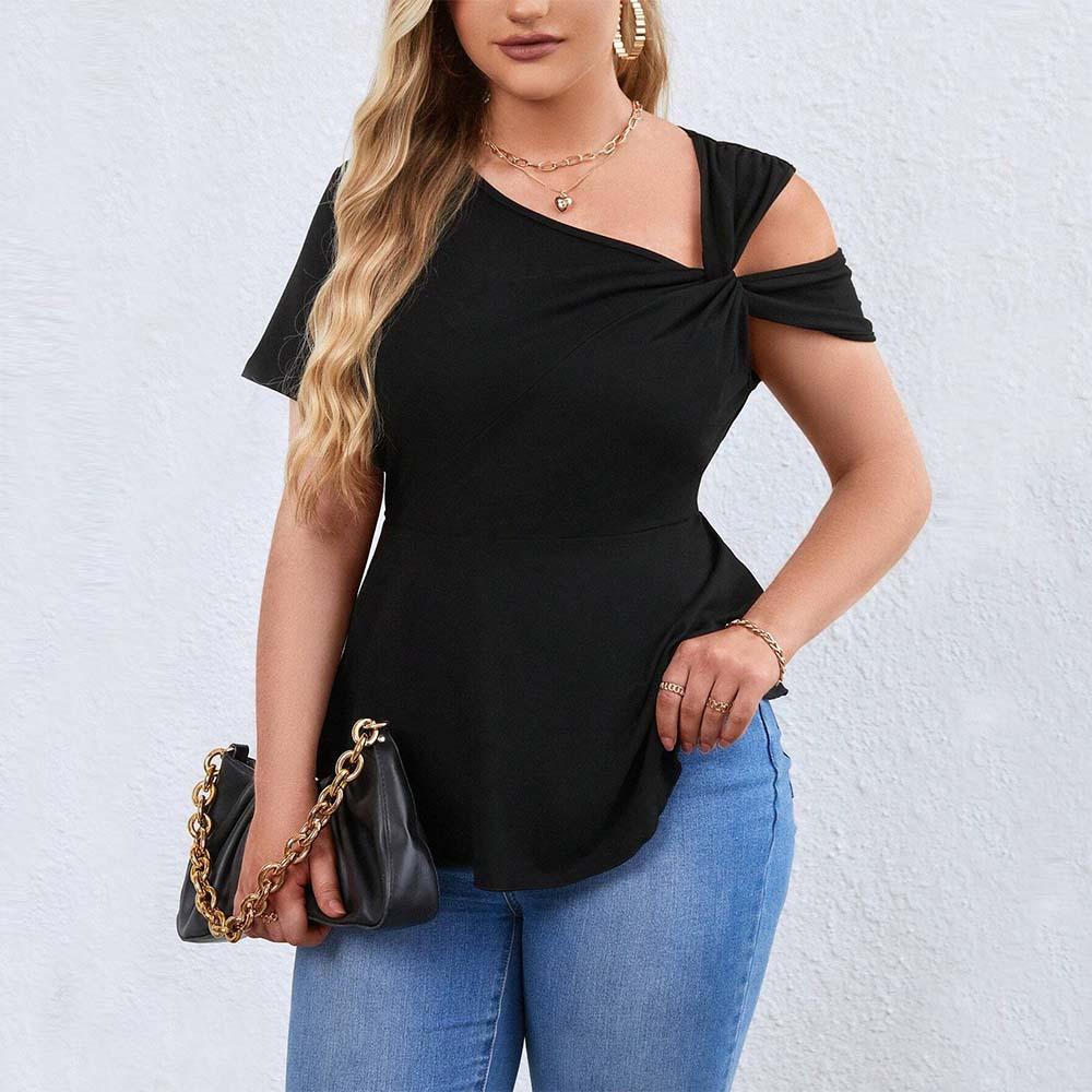 Plus Size Women Sexy Off Shoulder Oblique Collar Solid Color Short Sleeve Pullover Top 1XL чёрный