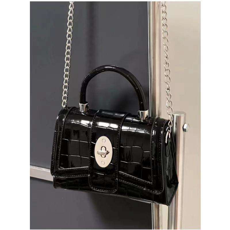 IELGY Women's Chain Patent Leather Locomotive Black Handheld Shoulder Crossbody Bag
