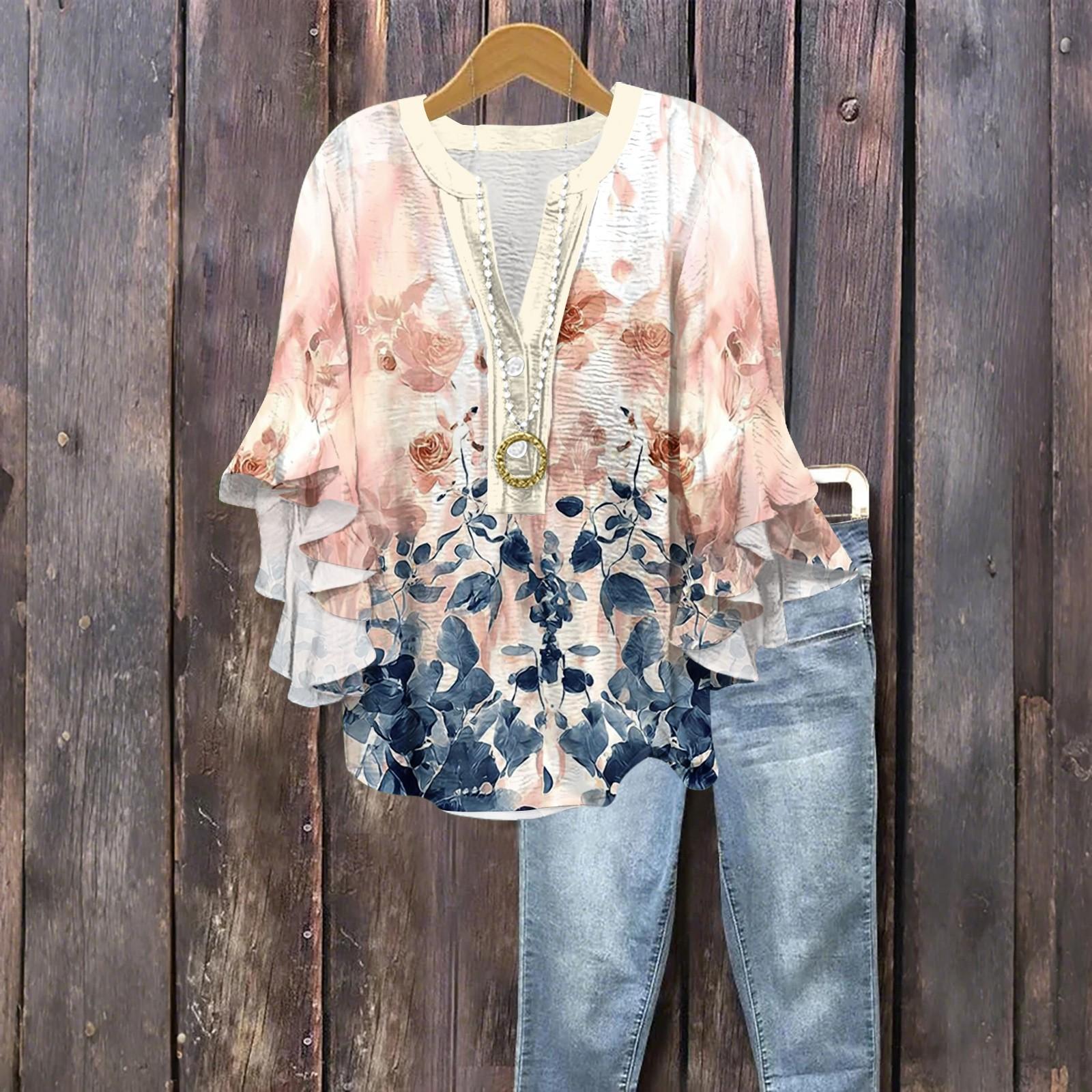 

Women s Fashion Button V-Neck Ruffle Seven Sleeve Blouse Floral Printed Top XL